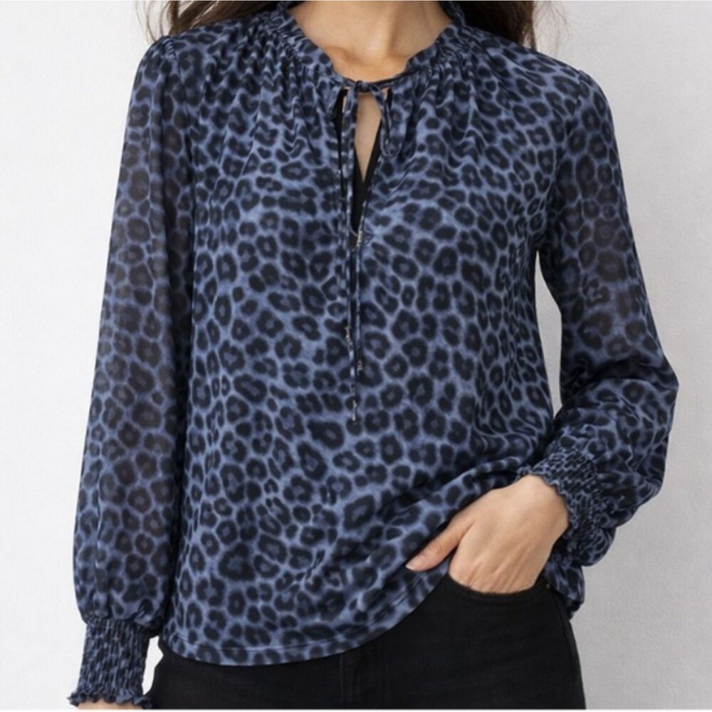 White House Black Market Women's Leopard Print Smocked Cuff V-Neck Blouse Blue S